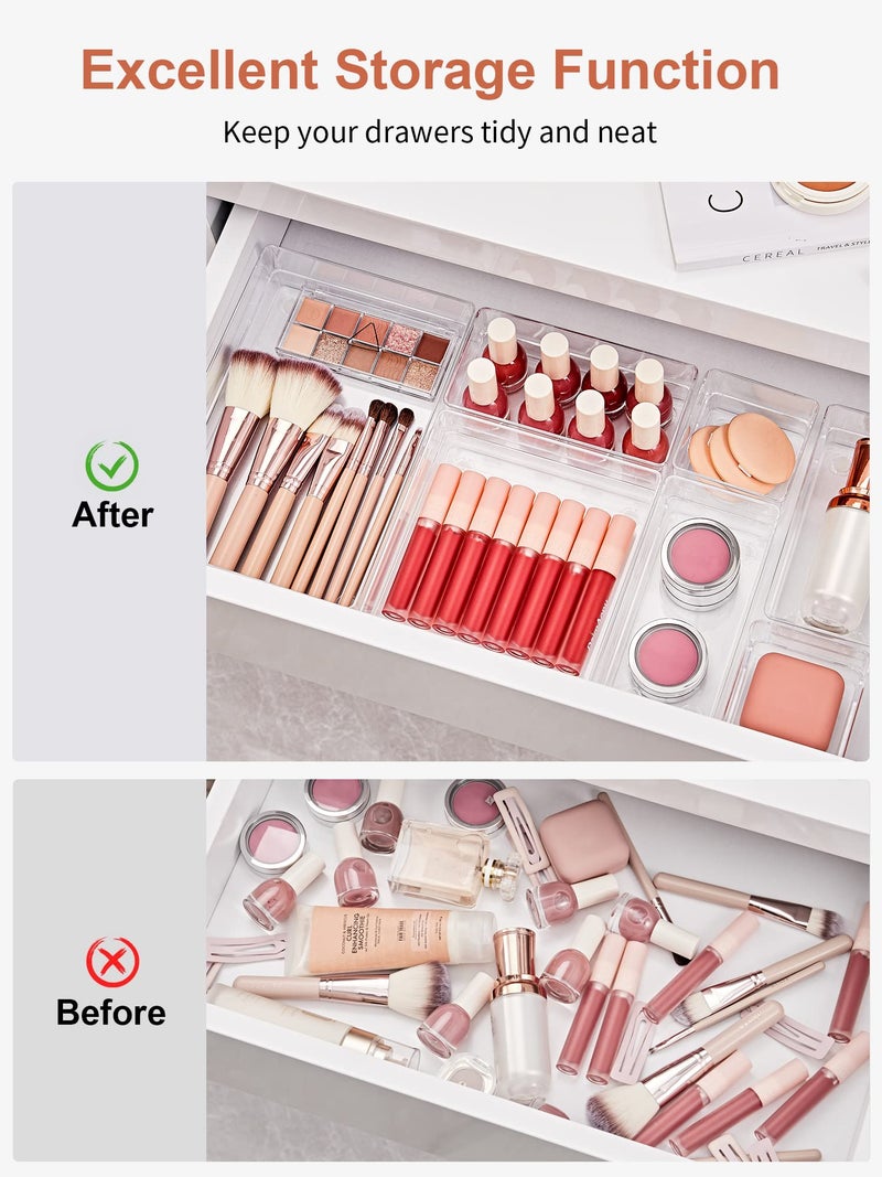 SMARTAKE 13-Piece Drawer Organizer with Non-Slip Silicone Pads, 5-Size Desk Drawer Organizer Trays Storage Tray for Makeup, Jewelries, Utensils in Bedroom Dresser, Office and Kitchen (Clear) - Image 4